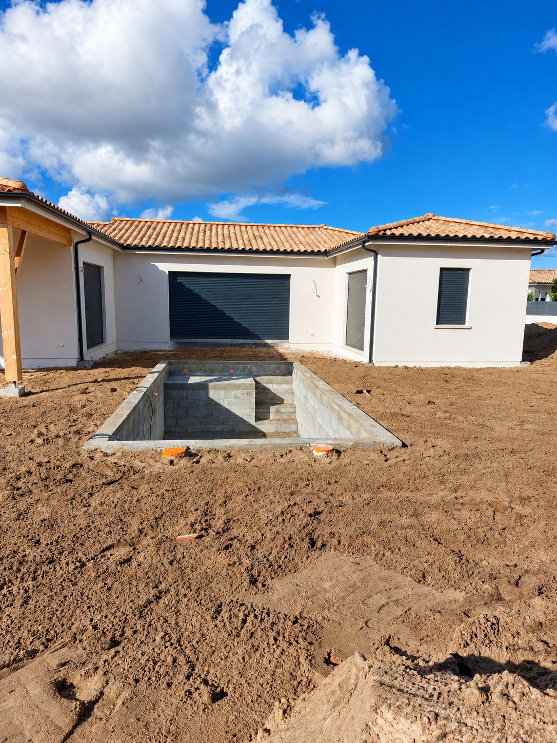 Chantier de piscine devant une maison récente
