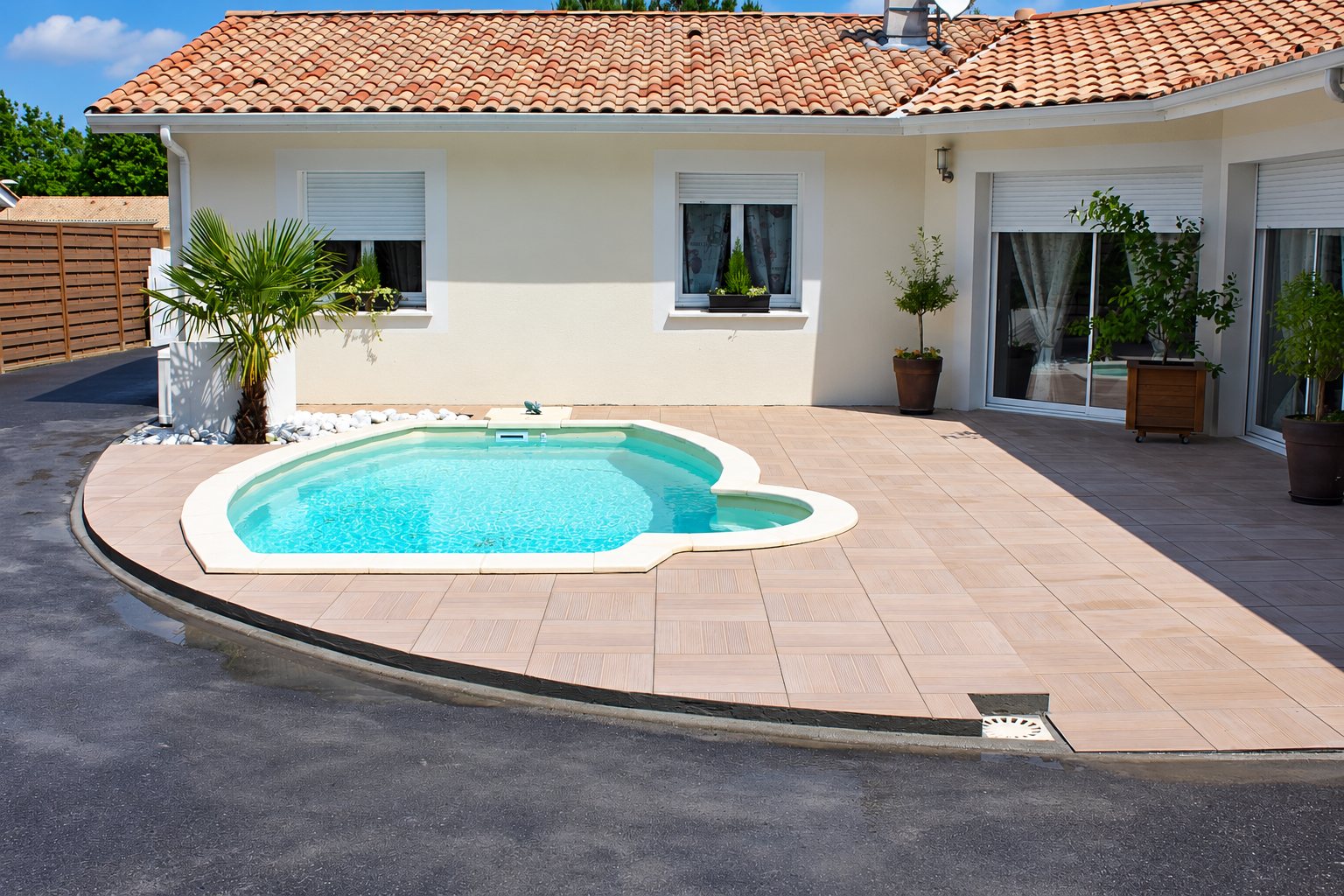 Petite piscine coque, terrasse en carrelage devant une maison