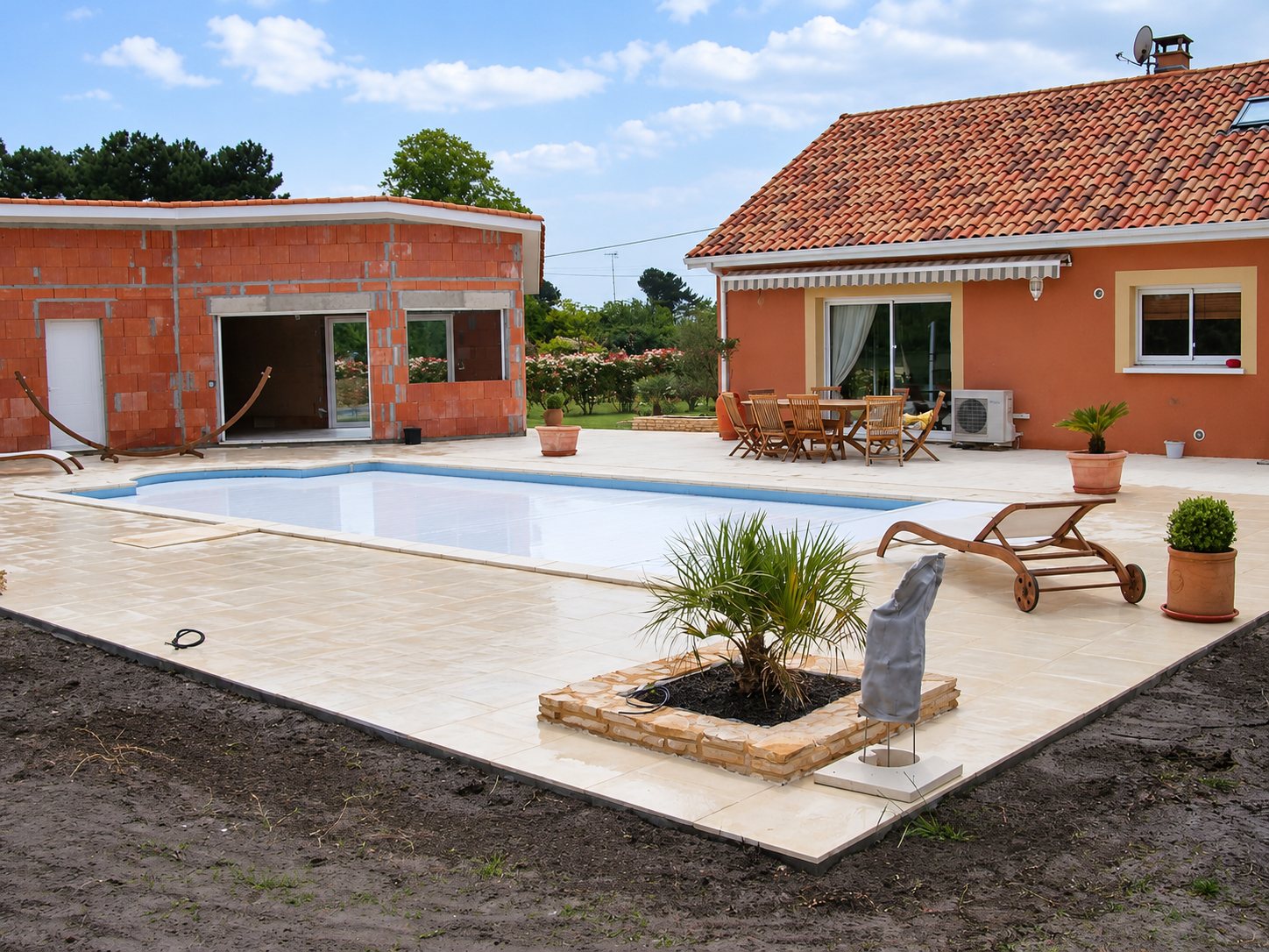 Piscine avec terrasse en dalles claires devant une maison en briques rouges